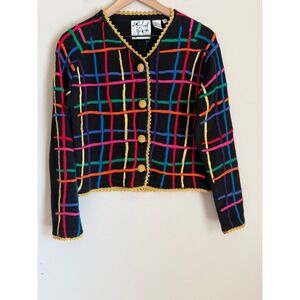 Vtg Michael Simon Cardigan Women S Black Multi Color Embroidered Grid Gold Trim
